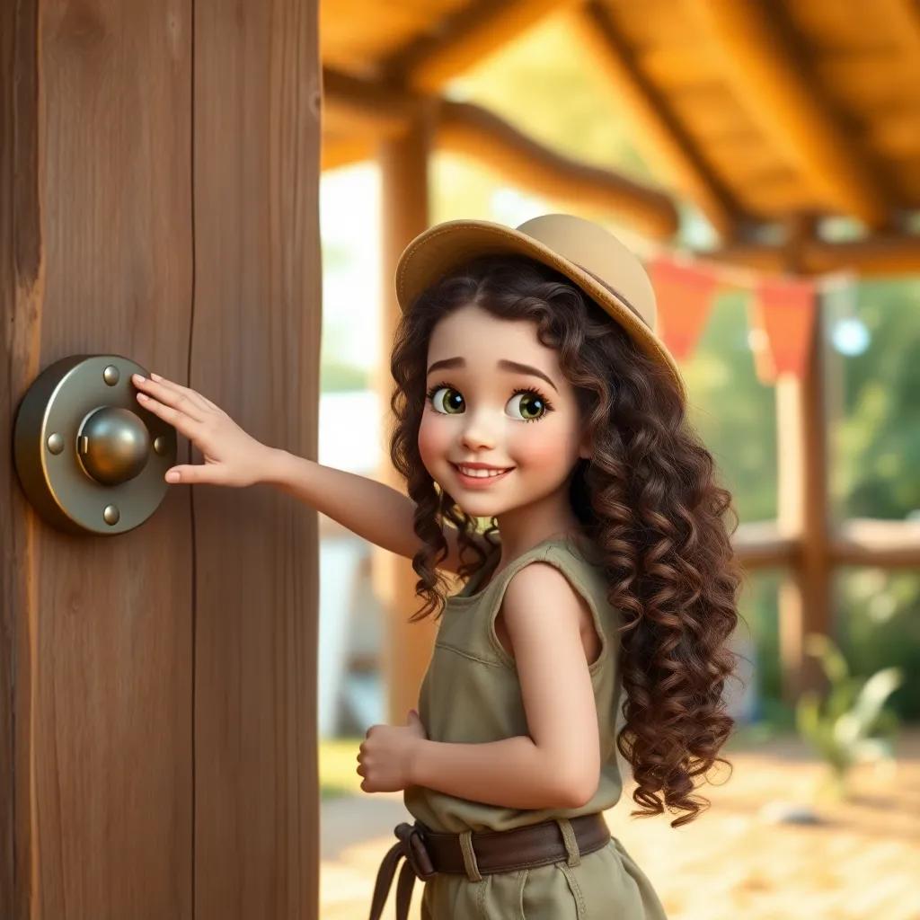 A young girl, Alethia, with long, curly brown hair, wearing a simple camp outfit, knocking on a wooden door, with a sunny camp background, cheerful atmosphere, child-friendly style, digital art, bright colors, warm lighting, high quality