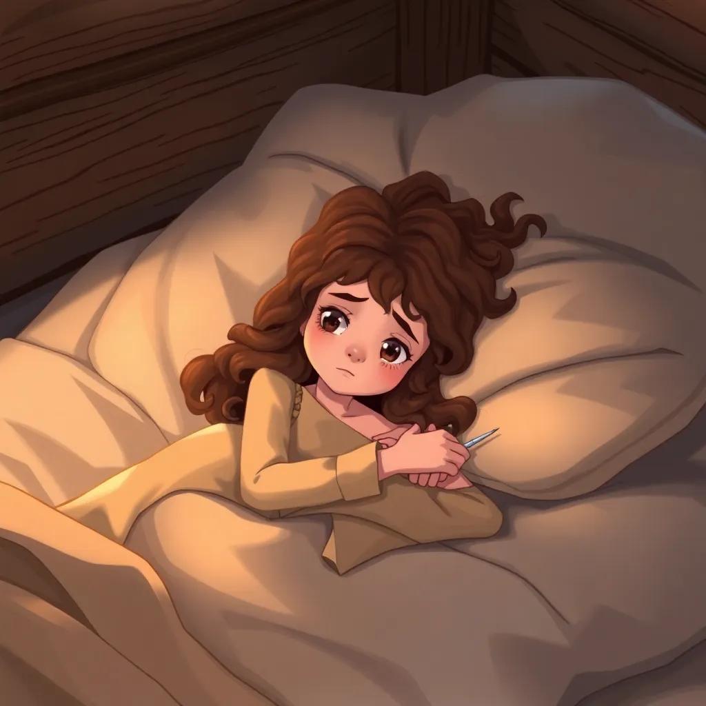 A young girl, Alethia, with long, curly brown hair, lying in a cabin bed, looking scared with a needle nearby, with Will and Annabeth comforting her, soft lighting, heartfelt moment, illustration, gentle colors, high quality