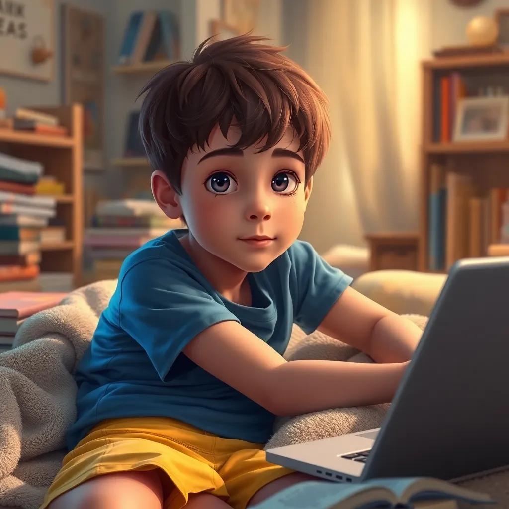 A young boy, Alex, with short brown hair, wearing a blue t-shirt and yellow shorts, lying on a cozy blanket in a cozy room with books and a laptop around, thoughtful expression, warm light, slightly messy, inviting atmosphere, digital painting, uplifting, high quality