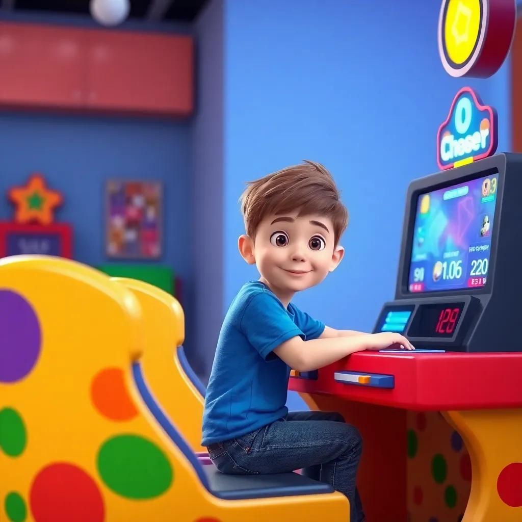 A young boy, Alex, with short brown hair, wearing a blue t-shirt and jeans, sitting at a colorful gaming desk, focused on a video game with a timer next to him, playful atmosphere, digital art, bright colors, cheerful setting, high quality