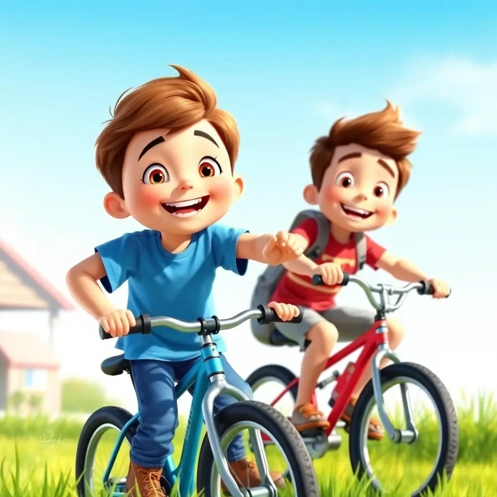Alex, a young boy, with short brown hair wearing a blue t-shirt and jeans, playing outside with his friend Ben, with green grass and a bright blue sky, riding bikes together, playful expression, illustration, sunny day, vibrant colors, adventure-themed, high quality