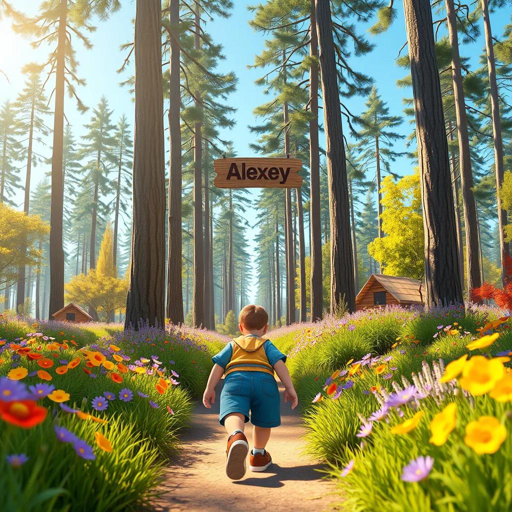 A small boy, Alexey, with short brown hair and wearing a blue shirt and shorts, walking through a sunny forest filled with tall trees and colorful flowers, digital art, vibrant colors, bright atmosphere, cheerful perspective, high quality