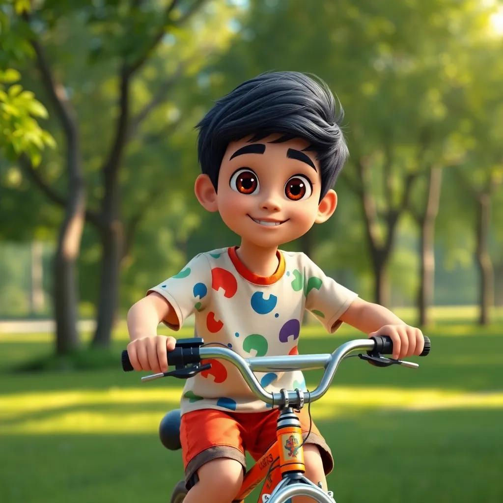 Ali, a young Arab boy, with short black hair and bright eyes, wearing a colorful t-shirt and shorts, riding a bicycle in a lush green park, digital art, vibrant colors, cheerful atmosphere, playful, high quality