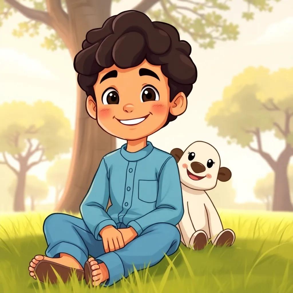 Mohammed, a young Arab boy, with curly black hair and a big smile, wearing a blue shirt and jeans, sitting on the grass with Ali, surrounded by trees and a clear sky, illustration, warm colors, friendly vibe, child-friendly
