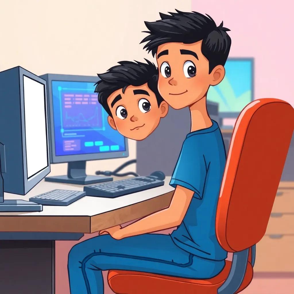 A young Middle-Eastern boy, Ali, with short black hair wearing a blue t-shirt and jeans, sitting at a computer desk with bright screens and a curious look, illustration, modern style, vibrant colors, focused atmosphere, high quality