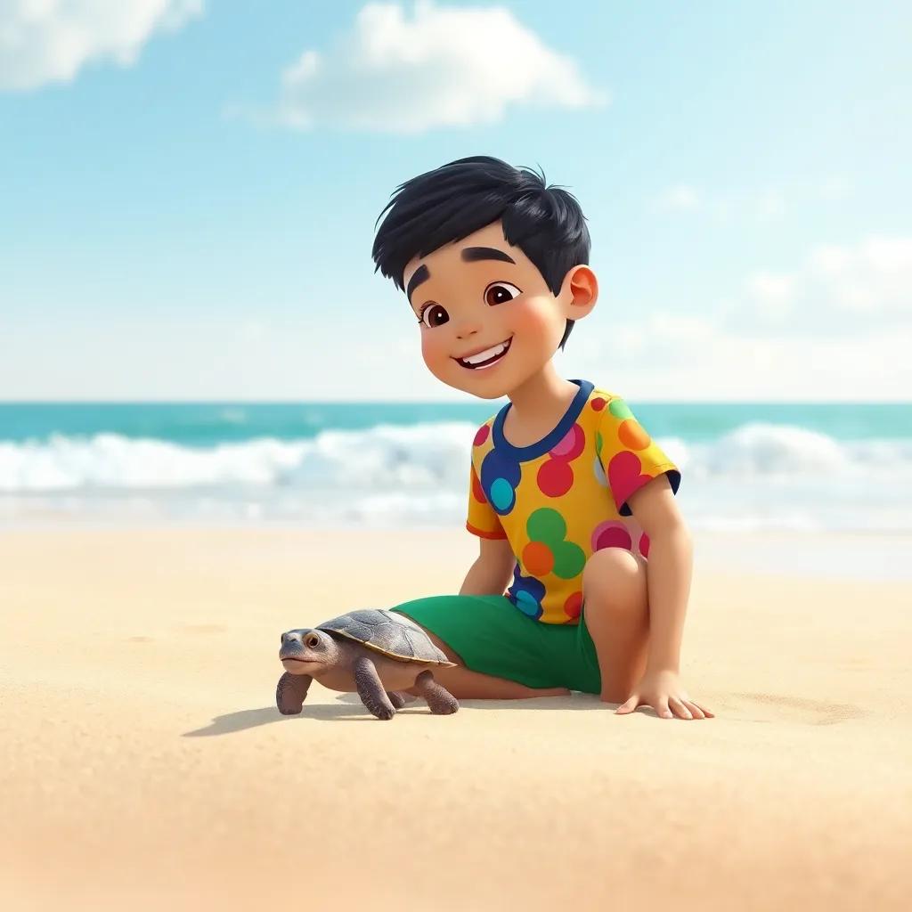 A young Arab boy, Ali, with short black hair, wearing a colorful t-shirt and shorts, smiling as he finds a little turtle on the beach in bright sunlight, sand and waves around him, digital art, cheerful scene, vivid colors, inviting atmosphere, high quality