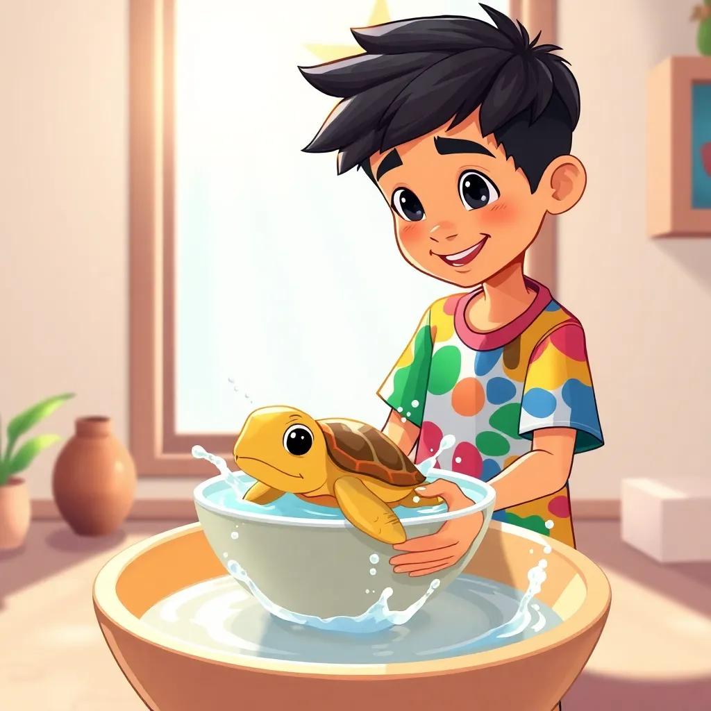 Ali, a young Arab boy with short black hair, wearing a colorful t-shirt and shorts, washing a little turtle in a large bowl, water splashing, sunlight shining through the window, cheerful atmosphere, detailed illustration, vibrant colors, child-friendly