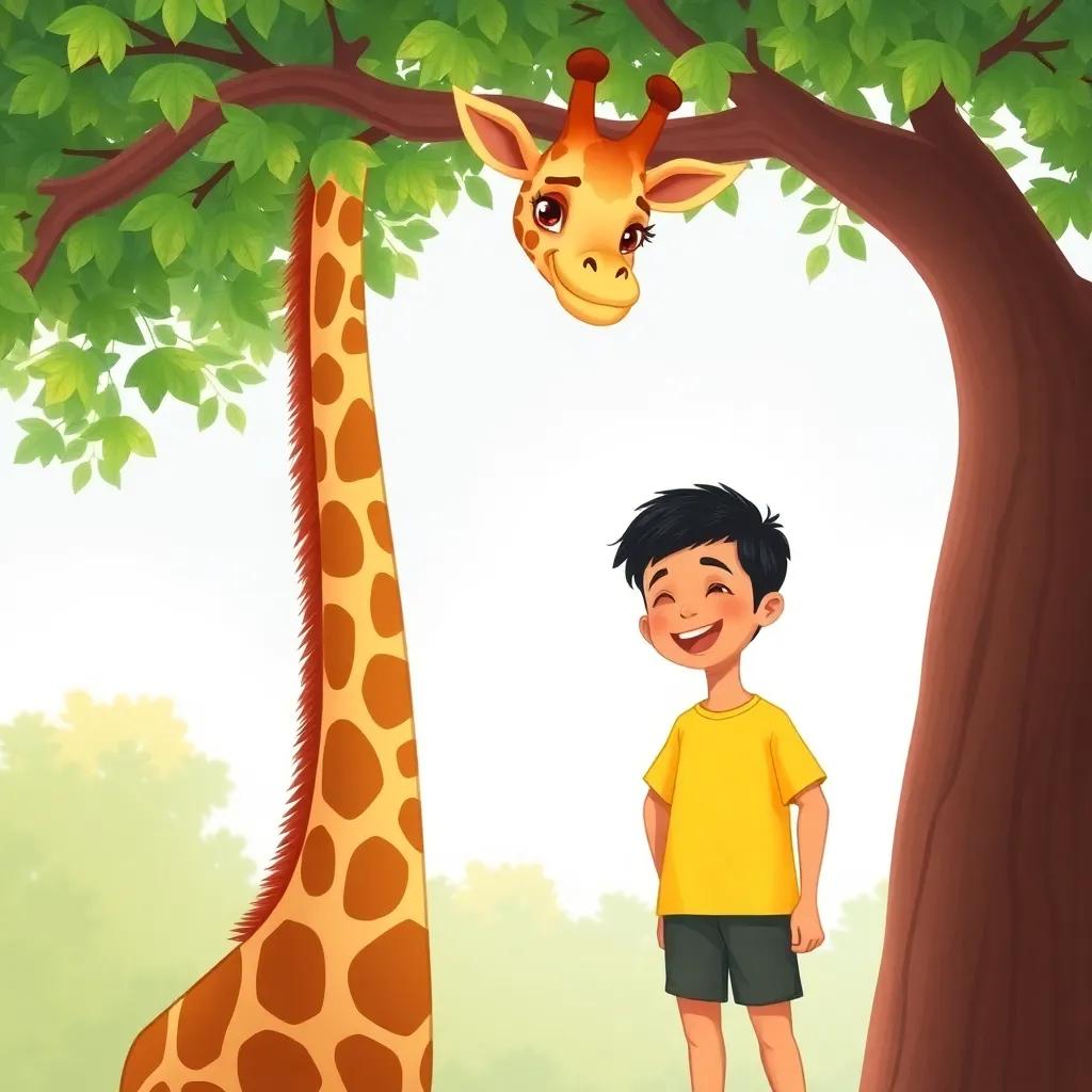 A tall giraffe with a long neck, smiling down at Ali, a happy 3-year-old boy with short black hair in a bright yellow t-shirt, standing under a tree with green leaves, joyful scene, cartoon style, bright colors, high quality