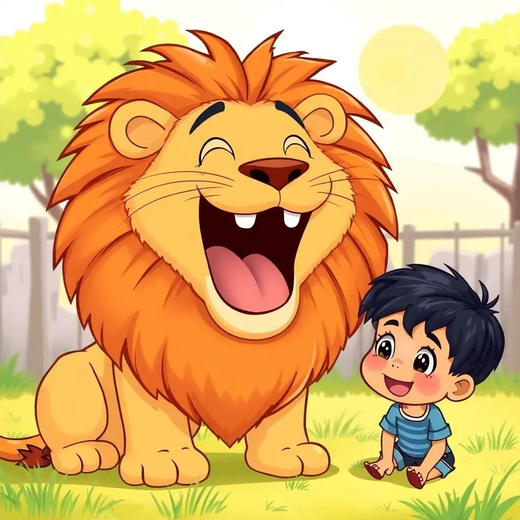 A fluffy lion yawning wide, showing big teeth, looking at Ali, a 3-year-old boy with short black hair, giggling with wide eyes, in a sunny zoo setting with grass and trees, cheerful atmosphere, cartoon style, high quality