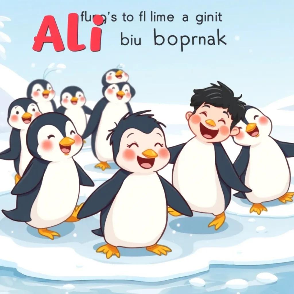 Silly penguins waddling on ice and splashing water, Ali, a 3-year-old boy with short black hair, laughing and jumping back, fun scene with a snowy background, cheerful atmosphere, cartoon style, high quality