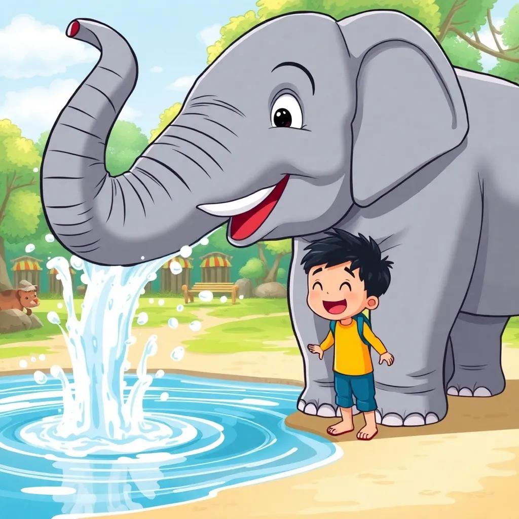 A big elephant splashing water with its trunk, Ali, a 3-year-old boy with short black hair, looking surprised and laughing, in a sunny zoo setting with trees, joyful scene, cartoon style, high quality