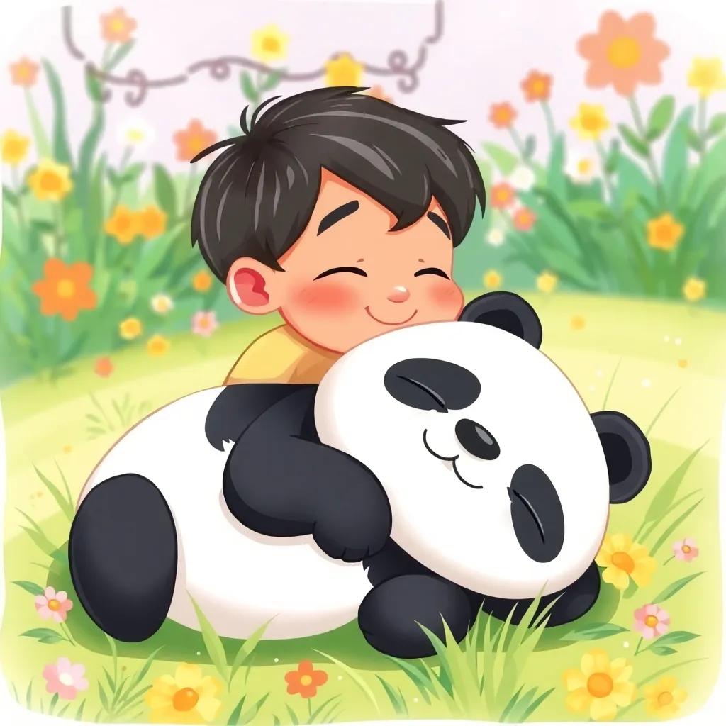 A sleepy panda rolling on the green grass, Ali, a 3-year-old boy with short black hair, whispering and smiling, in a colorful zoo background with flowers, cute atmosphere, cartoon style, high quality