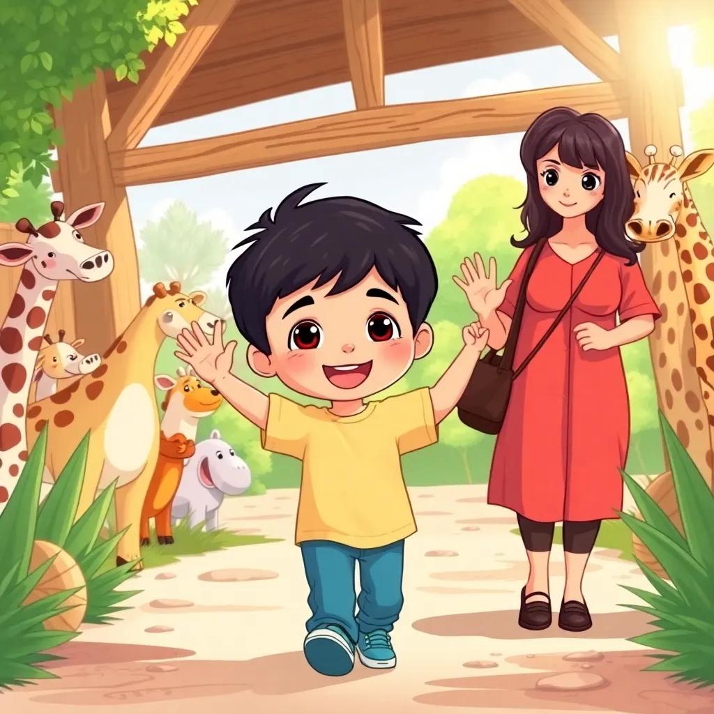Ali, a happy 3-year-old boy with short black hair, walking out of the zoo with his mom, waving goodbye to animals, in a bright sunny setting, cheerful mood, cartoon style, high quality