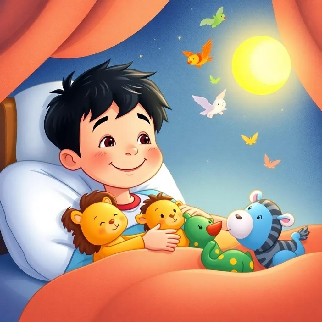 Ali, a happy 3-year-old boy with short black hair, dreaming of the zoo in his bed, surrounded by colorful animal plushies, peaceful night light, whimsical atmosphere, cartoon style, high quality