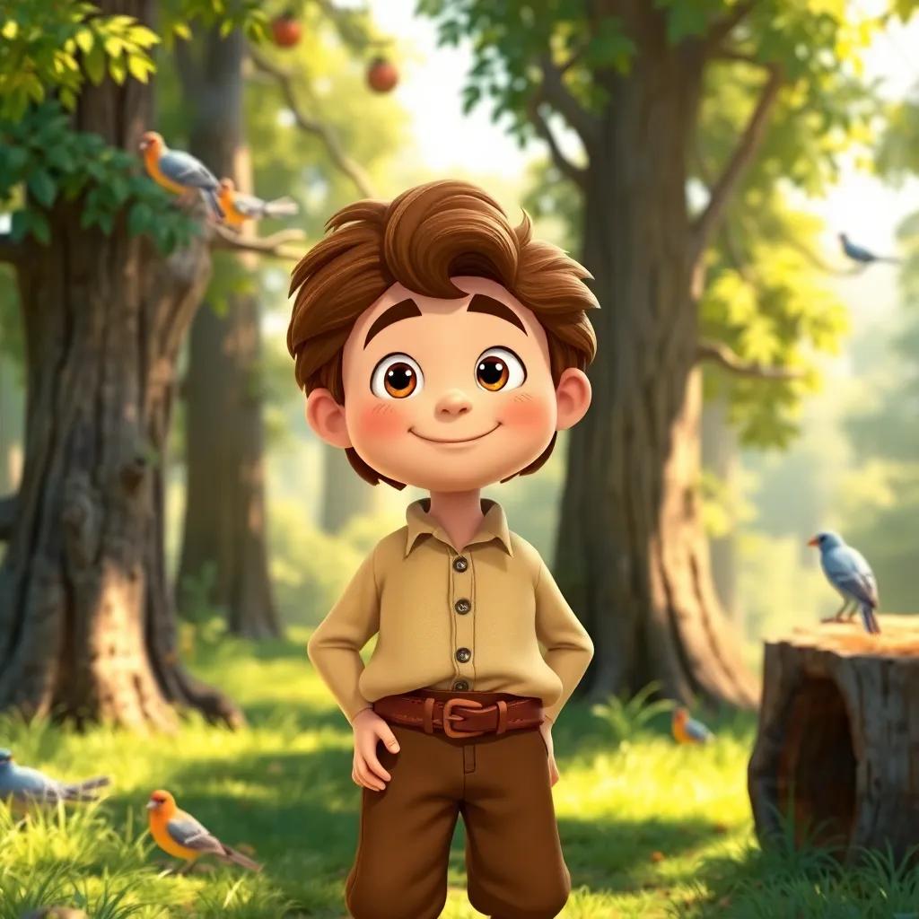 A kind woodcutter named Ali Baba, with brown hair, wearing a simple shirt and trousers, standing in a sunny forest with trees and birds, digital art, cheerful, bright colors, warm light, child-friendly, high quality