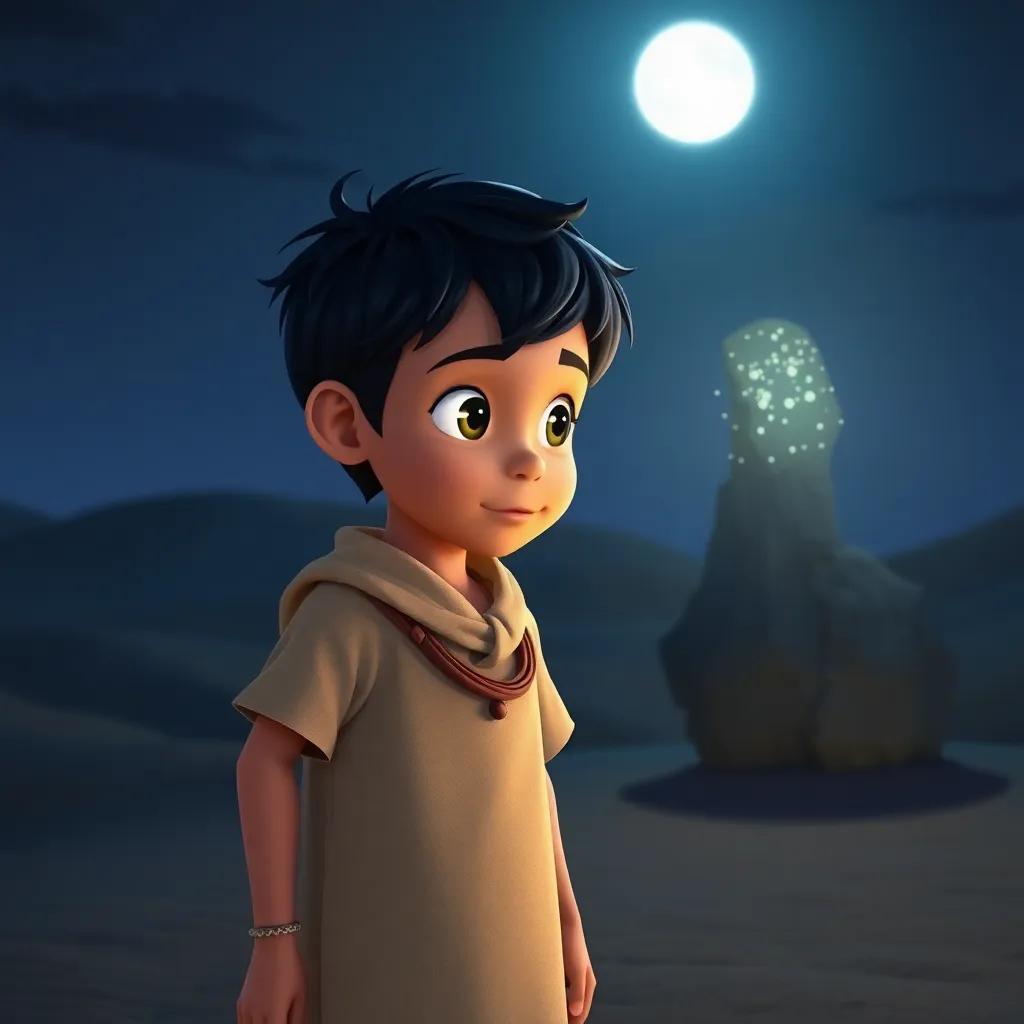 A young Arab boy, Ali Baba, with short black hair and wearing a simple tunic, standing in the moonlit desert with a curious expression, gazing at a glittering boulder, digital art, soft night colors, enchanting atmosphere, high quality