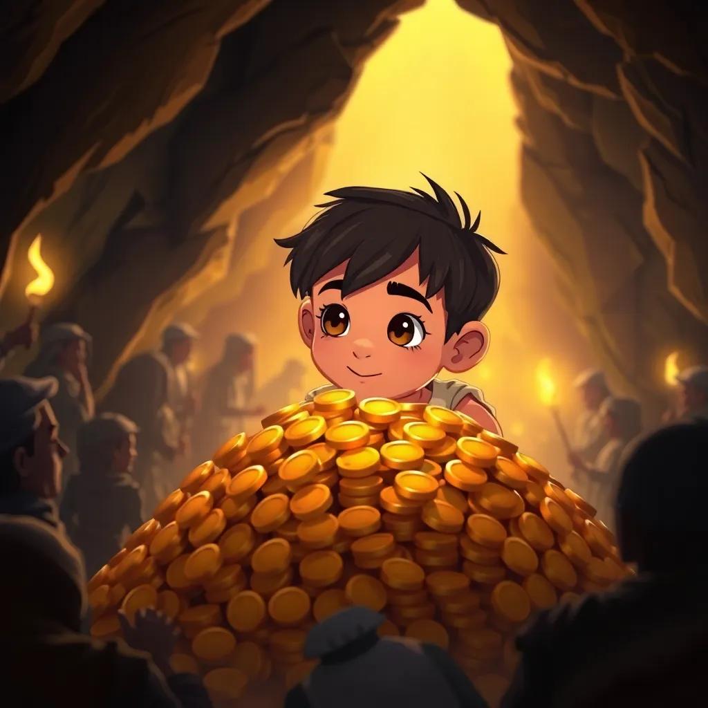 Ali Baba, a young Arab boy with short black hair in a simple tunic, peeking from behind a pile of golden coins in a mysterious cave, surrounded by 40 shadowy figures, warm torchlight illuminating treasures, detailed illustration, suspenseful view, child-friendly
