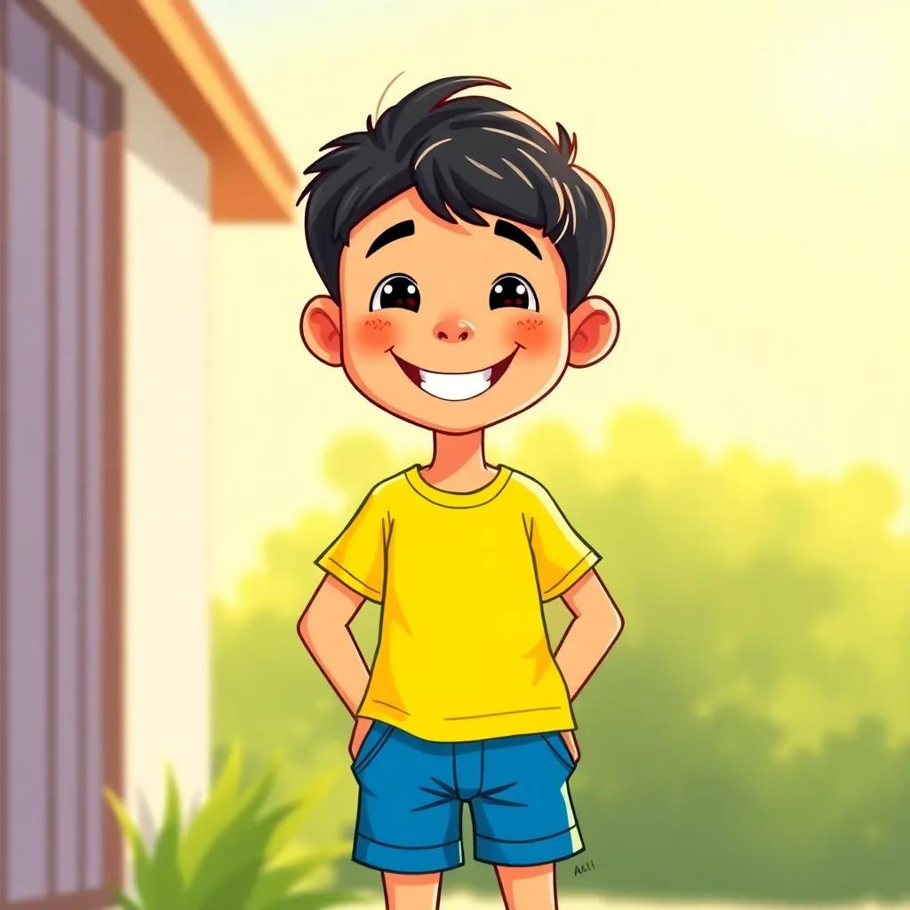 A cheerful young boy, Ali, with short black hair, wearing a bright yellow t-shirt and blue shorts, standing outside in the sun with a big smile, digital art, warm colors, playful atmosphere, high quality