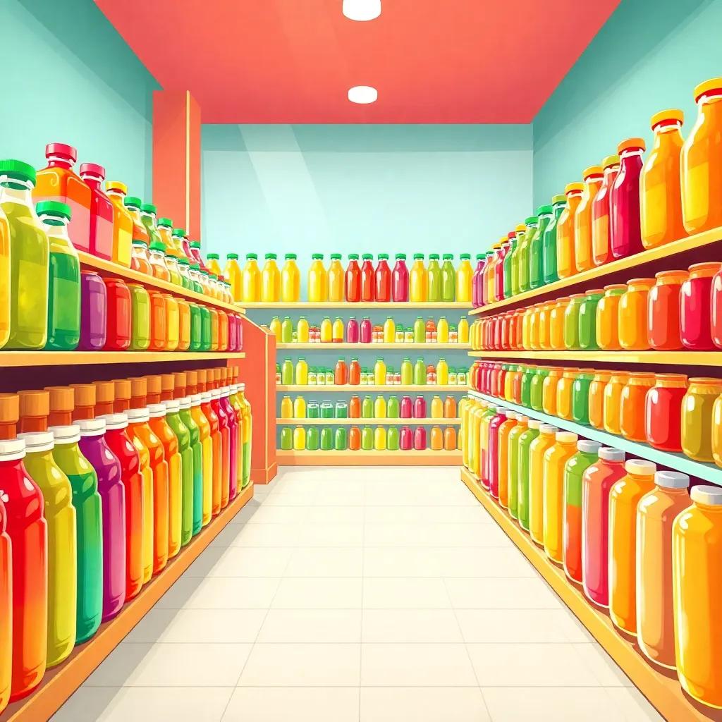A vibrant store interior filled with colorful juice bottles, shelves lined with red, green, and yellow drinks, shiny and appealing, illustration, bright lighting, cheerful vibe, high quality