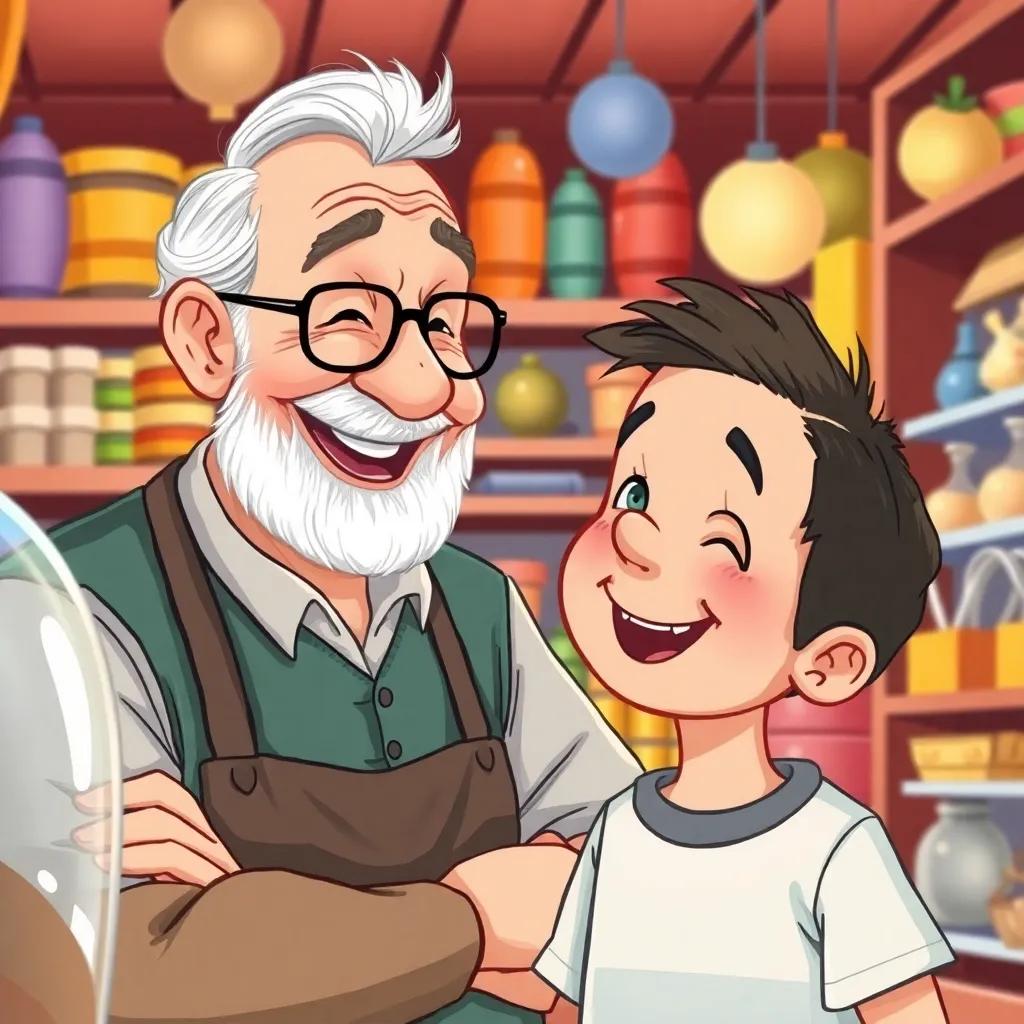An older man, the shopkeeper, with a friendly face and glasses, smiling at a happy young boy, Ali, inside the store, playful ambiance, colorful background, high quality