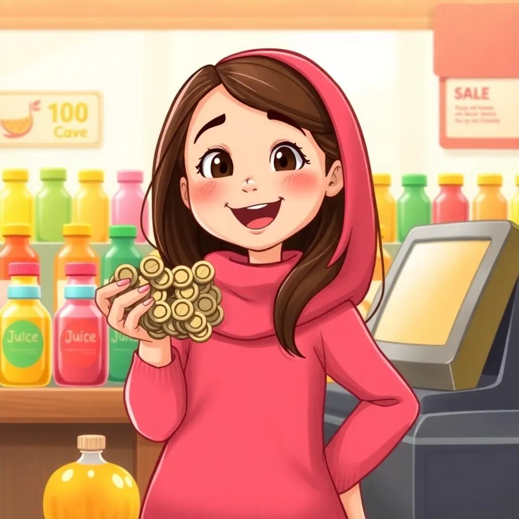 Ali holding a handful of coins with excitement, standing in front of a cash register, colorful juice bottles in the background, cheerful scene, warm light, high quality