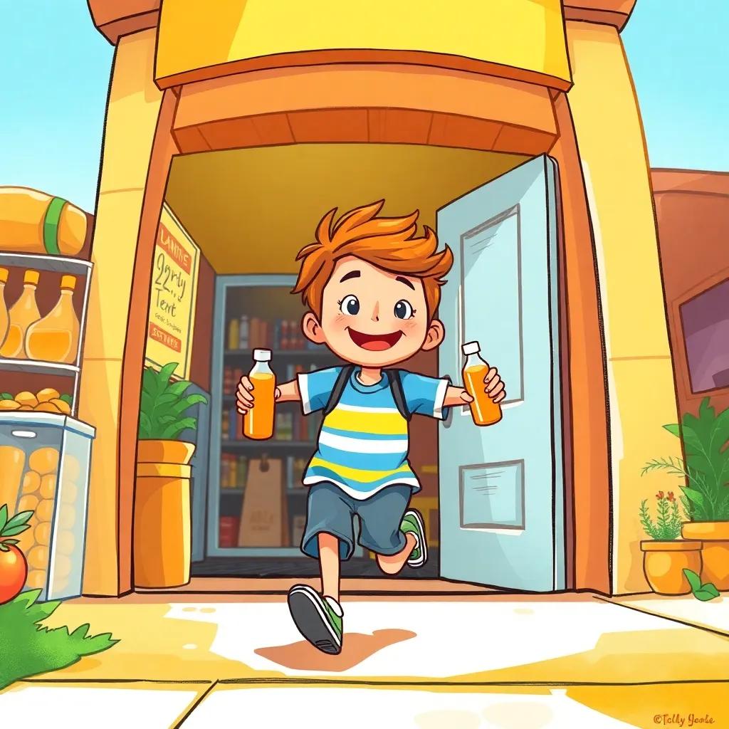 Ali running out of the store with a bright orange juice bottle in hand, sunlight shining on him, vivid colors, joyful atmosphere, high quality