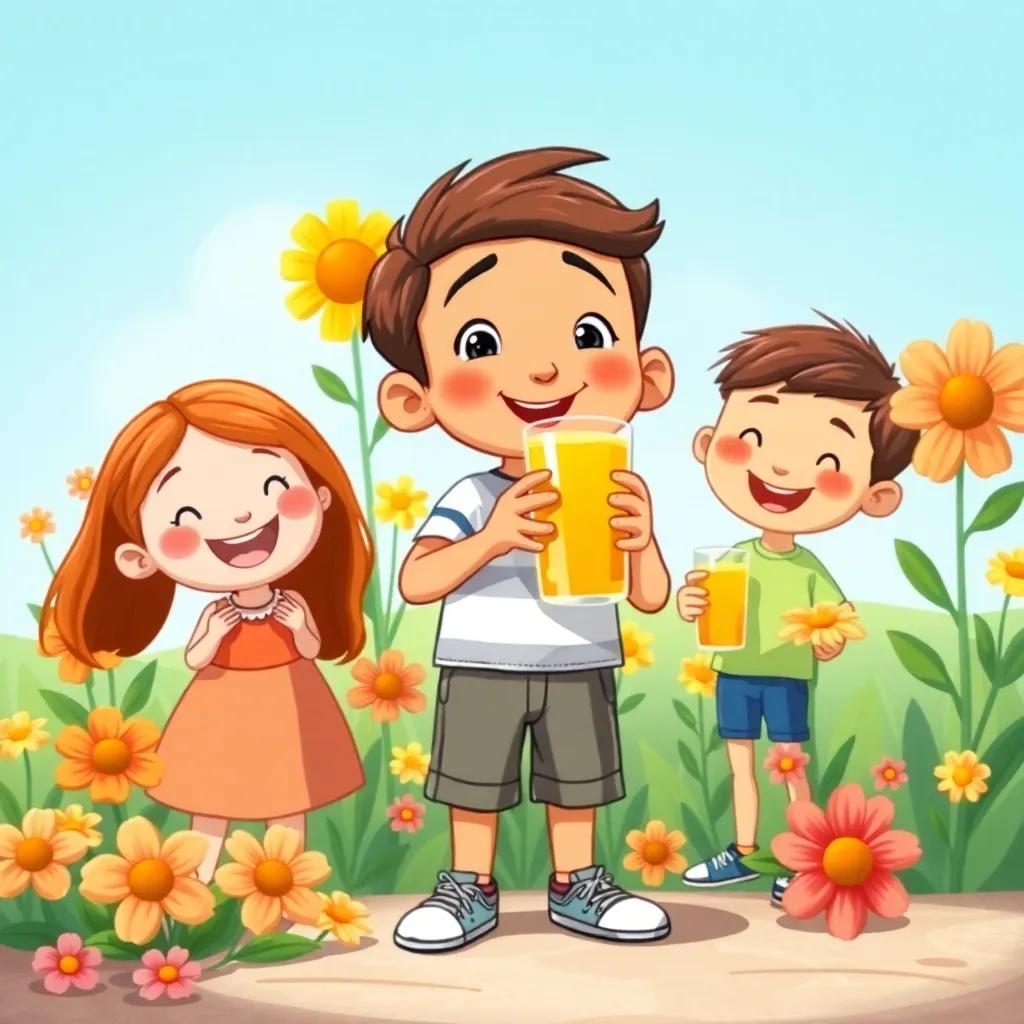 Ali standing outside with his bright orange juice, surrounded by happy friends, vibrant flowers around them, sunny day, joyful scene, high quality