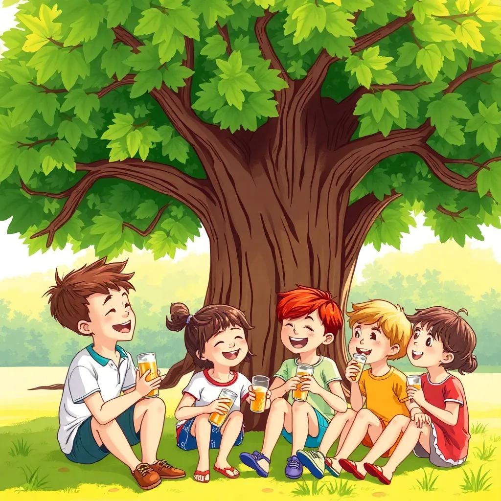 A group of young children sitting under a big tree, sharing drinks, laughter in the air, warm sunlight, bright colors, cheerful atmosphere, high quality