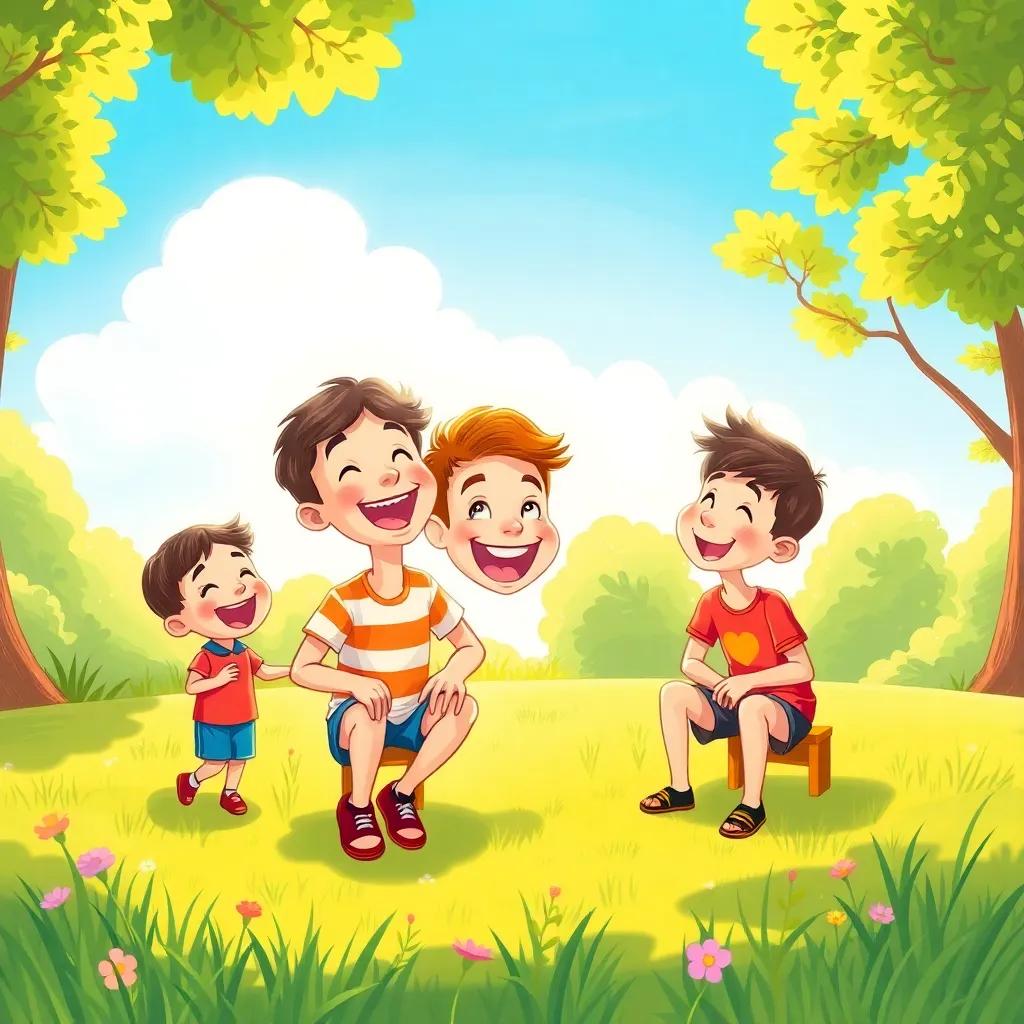 A sunny park scene with Ali and his friends laughing and playing, bright blue sky, lush green grass, joyful and playful ambiance, high quality