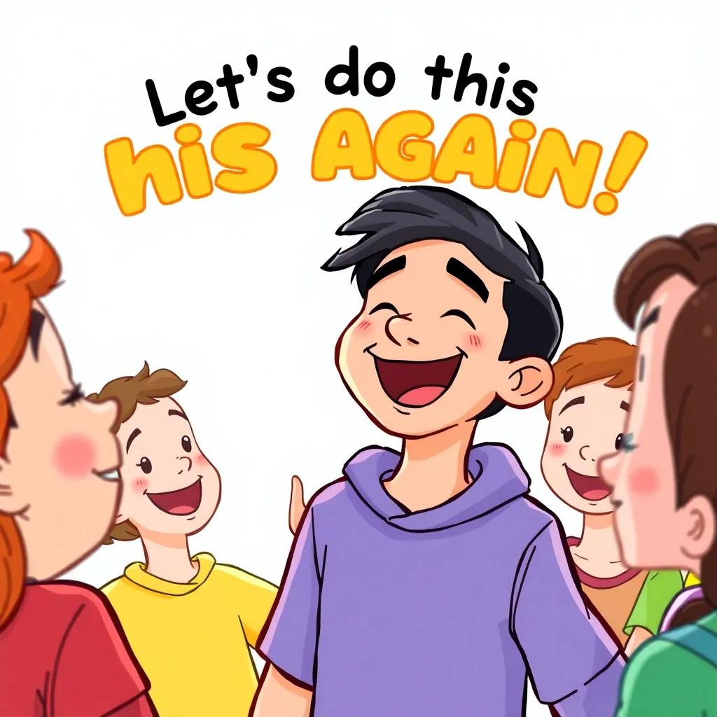 Ali smiling with joy, saying, 'Let’s do this again!' with friends around him, bright colors, fun atmosphere, high quality