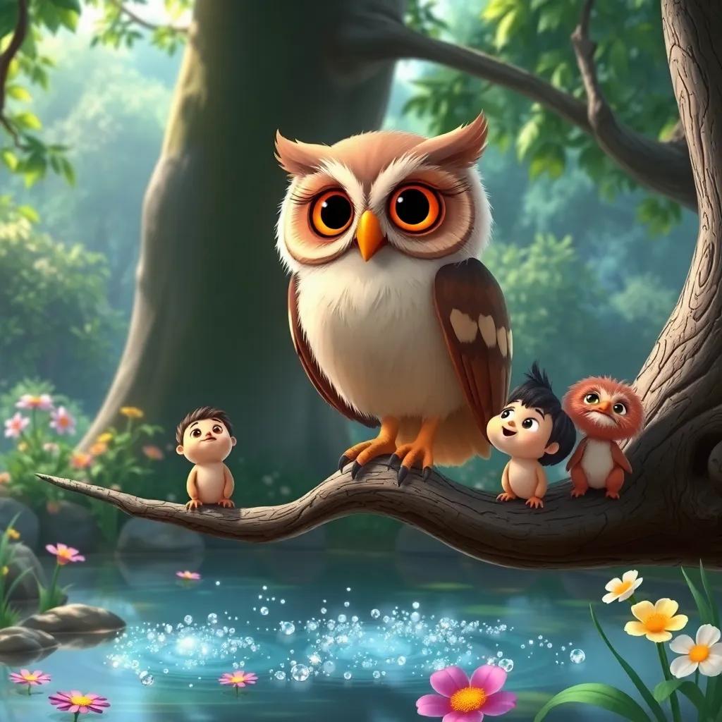 A wise old owl with big round eyes, perched on a tree branch above a sparkling pond, while Ali and his friends look up curiously, surrounded by lush greenery and colorful flowers, illustration, child-friendly, enchanting atmosphere, high quality