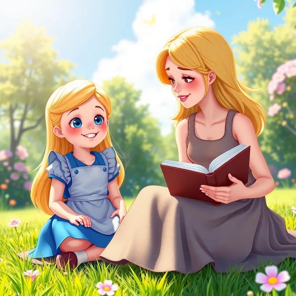 A warm summer day, young girl Alice with blonde hair wearing a blue dress and an apron, sitting on the grass beside her older sister with a book, vibrant atmosphere, cheerful mood, bright colors, high quality, digital art, fantasy
