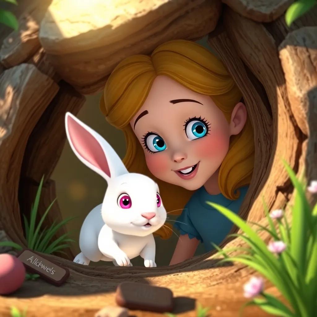 Alice peering into a rabbit hole, a small white rabbit with pink eyes rushing past, excited expression on her face, whimsical scene, warm sunlight, detailed illustration, enchanted garden, sharp focus