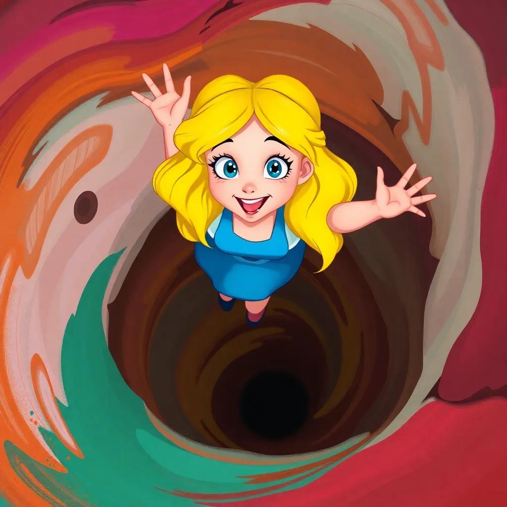 Alice falling down the rabbit hole, expressions of curiosity and excitement on her face, surrounded by swirling colors and abstract shapes, whimsical art style, bright lively colors, fantasy vibes, high quality, digital painting