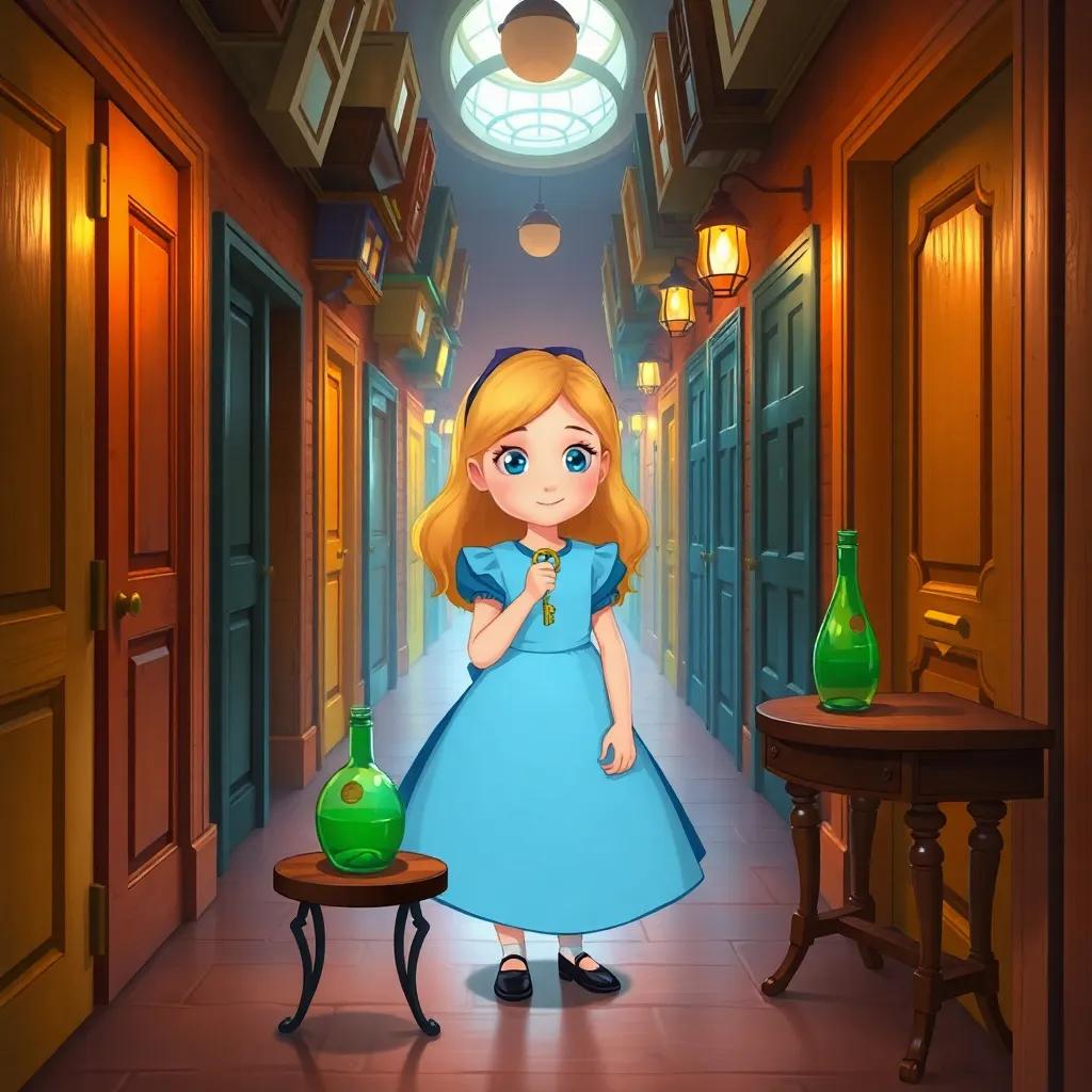 A long narrow hallway filled with various size doors, young Alice holding a tiny key, a table with a green bottle and key, warm inviting light, cozy atmosphere, whimsical, colorful details, high quality, illustration