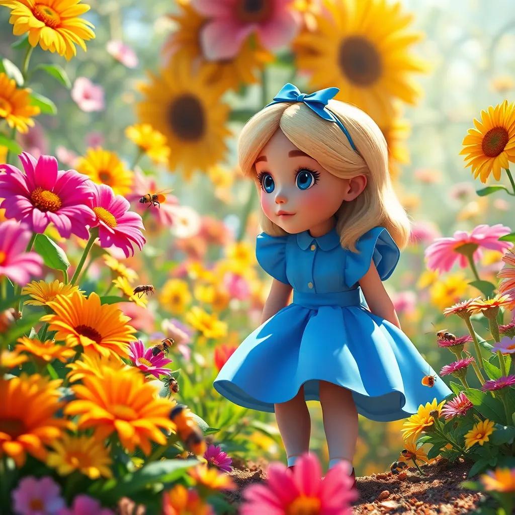 Alice shrunk down, looking amazed in a splendid garden with vibrant flowers, surrounded by insects, sunny atmosphere, bright colors, cheerful mood, vivid fantasy, high quality, digital art