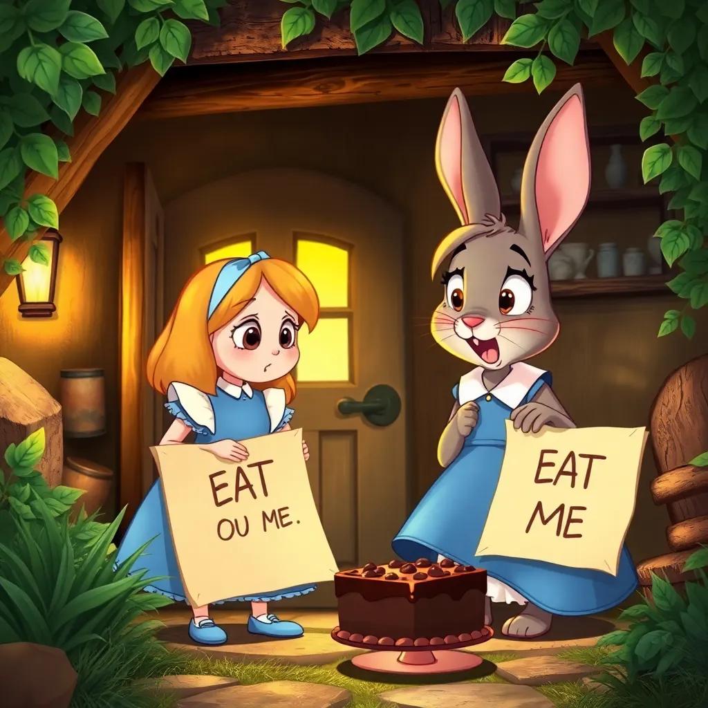 Alice startled by the Rabbit, wearing a chocolate cake next to a note that reads ‘EAT ME’, cottage setting with greenery around, warm light, cozy mood, whimsical, colorful illustration, sharp focus
