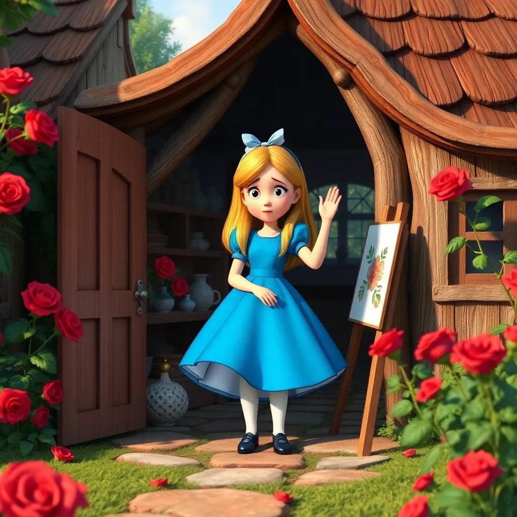 Alice inside the cottage, feeling confused as she grew larger than the house, painting red roses in the background, vibrant colors, humorous atmosphere, high quality, whimsical scene