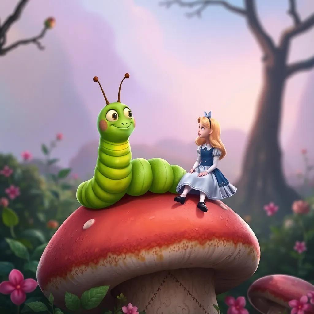 A green caterpillar in a pink jacket sitting on a large mushroom, Alice talking to him, vivid details, enchanted atmosphere, colorful scene, high quality illustration, fantasy vibes