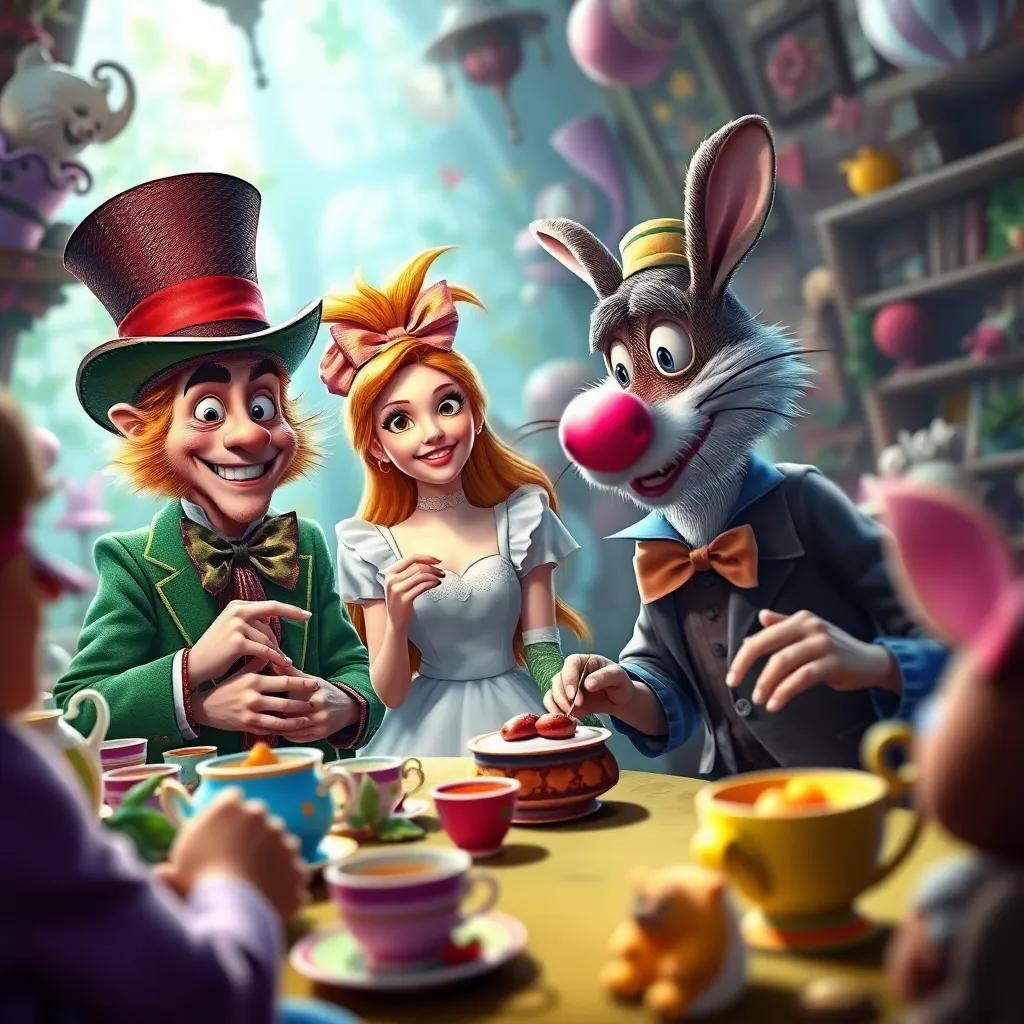 A whimsical tea party scene with the Mad Hatter and the March Hare, Alice smiling and trying to solve riddles, bright colors, chaotic lively atmosphere, sharp focus, whimsical art