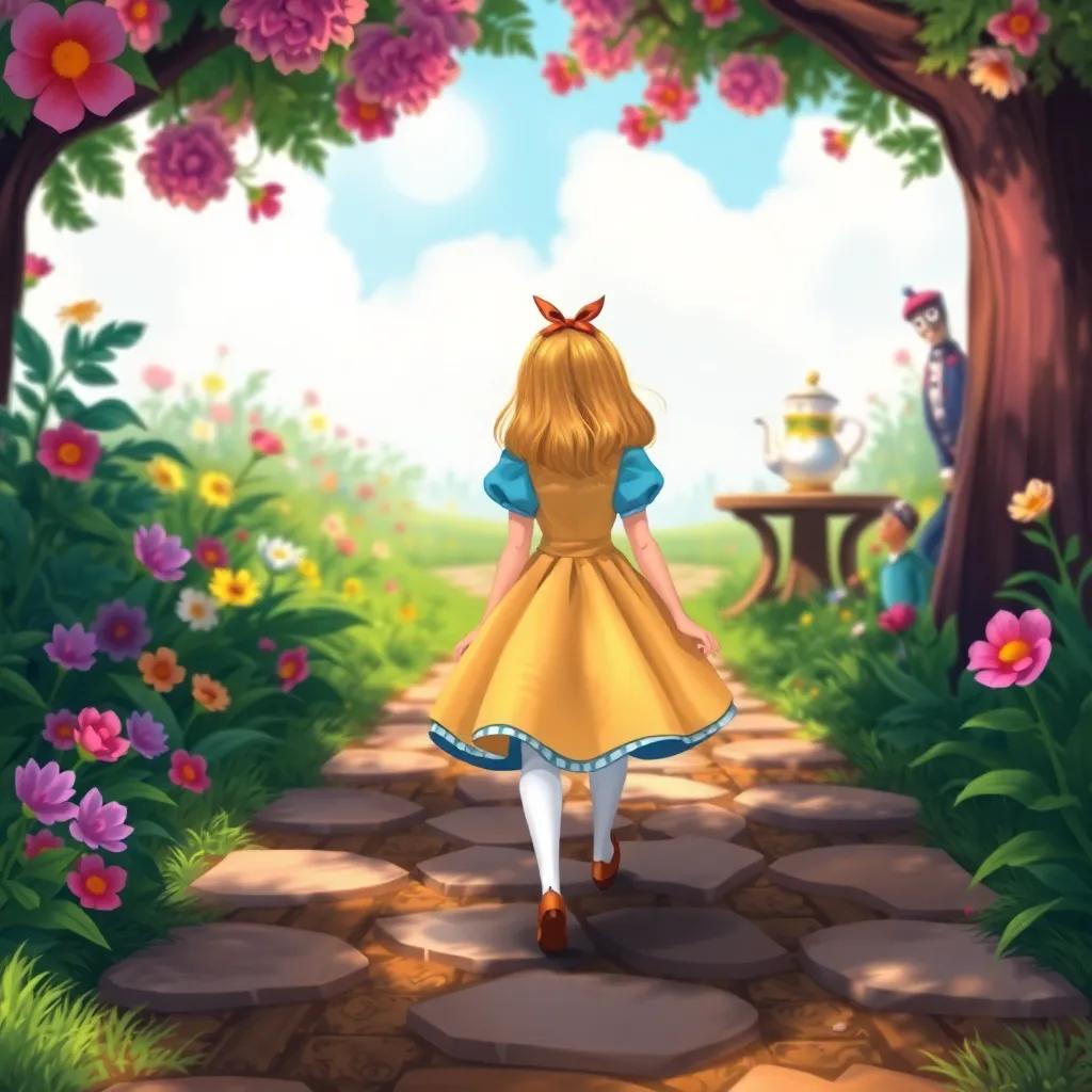 Alice walking down a path, looking amazed at the lovely garden, Mad Hatter with a hat and tea set in the background, cheerful colors, whimsical details, high quality, digital painting