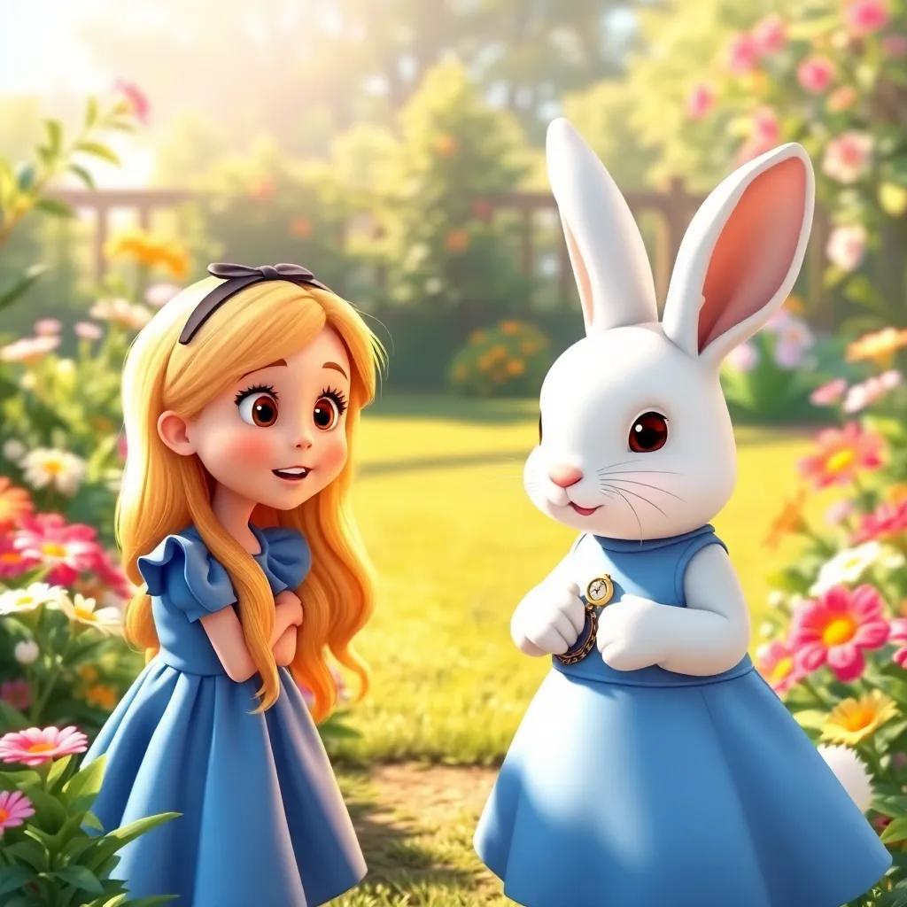 A curious little girl, Alice, with blonde hair wearing a blue dress, standing in a garden, looking excited as she spots a white rabbit with a small jacket and pocket watch, warm sunshine, colorful flowers, cheerful atmosphere, digital art, playful