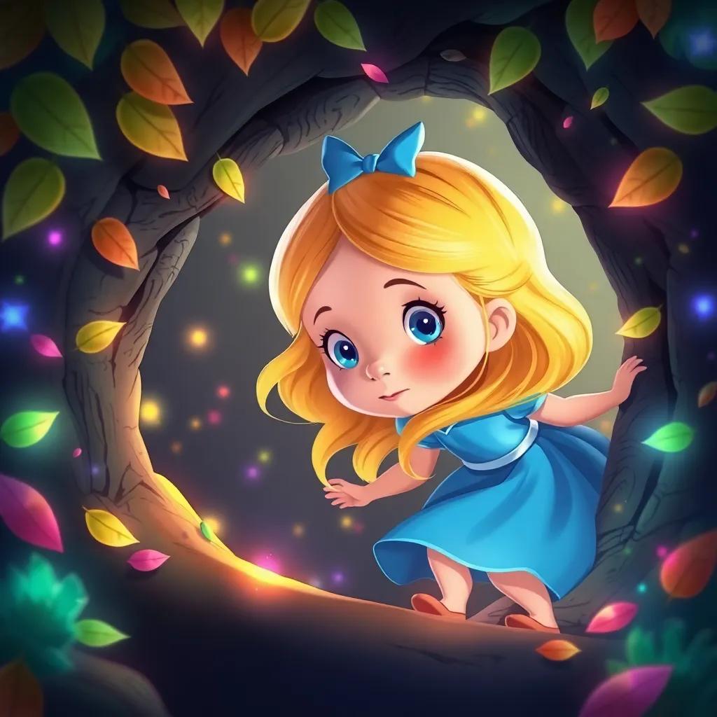 Alice, a curious little girl with blonde hair in a blue dress, falling down a rabbit hole, surrounded by floating leaves and colorful lights, creating a magical and whimsical feeling, illustration, enchanting colors, child-friendly