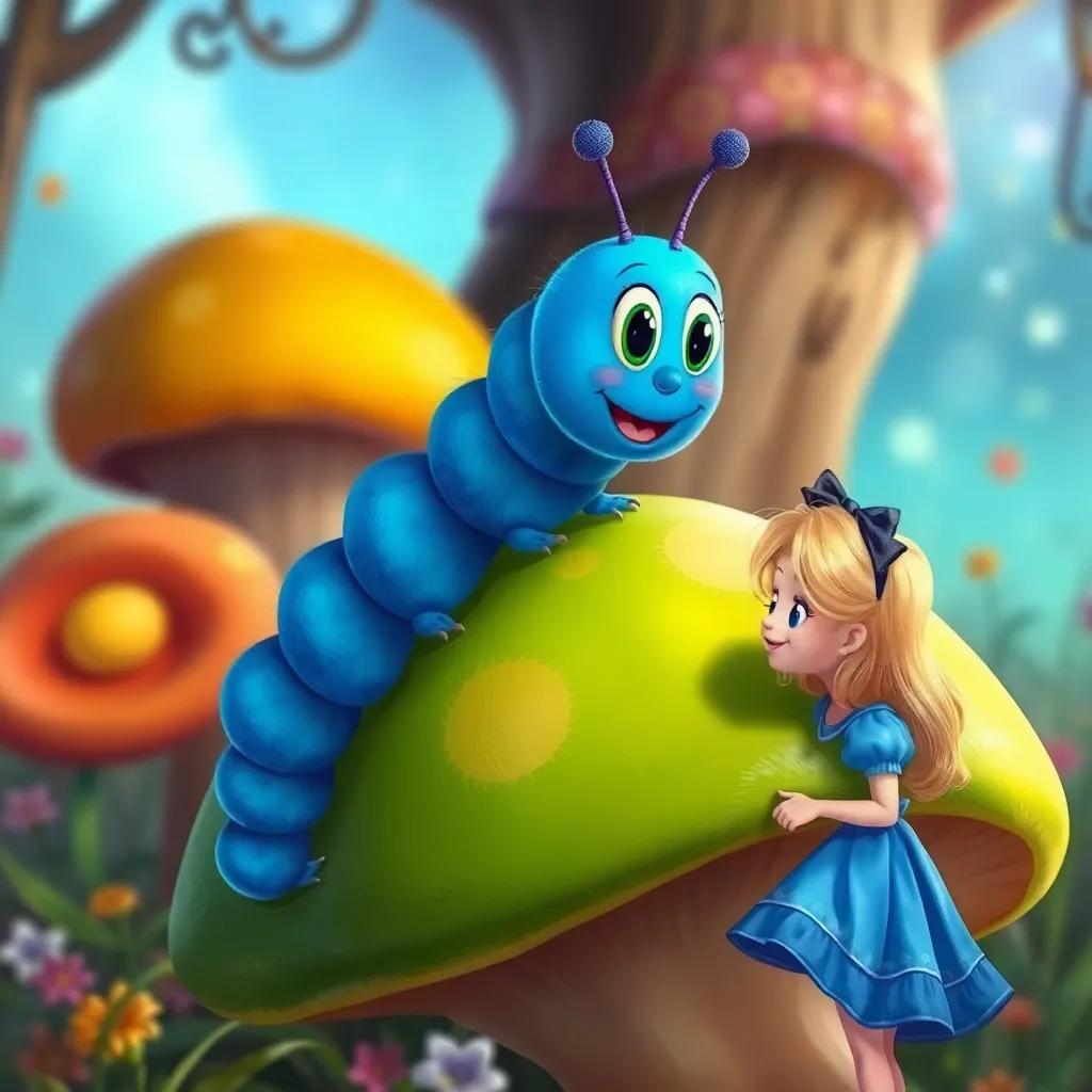 A blue caterpillar with a smiling face sitting on a large green mushroom, talking to Alice, a little girl with blonde hair in a blue dress, vibrant colors and a magical background, joyful and friendly, digital painting, whimsical