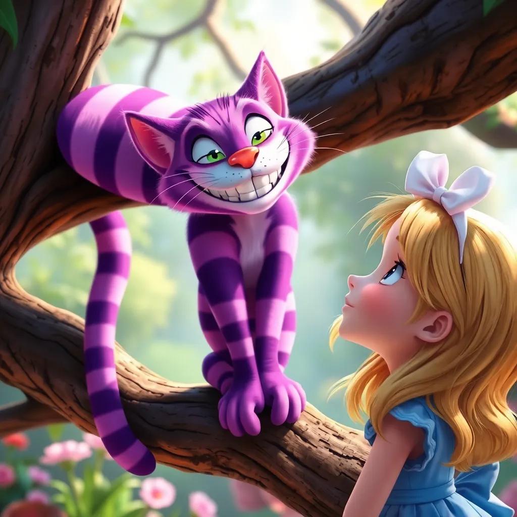 A grinning Cheshire Cat, purple and pink striped, sitting on a tree branch, disappearing and reappearing, as Alice, a young girl with blonde hair, looks up curiously, colorful and magical surroundings, playful atmosphere, art style, bright