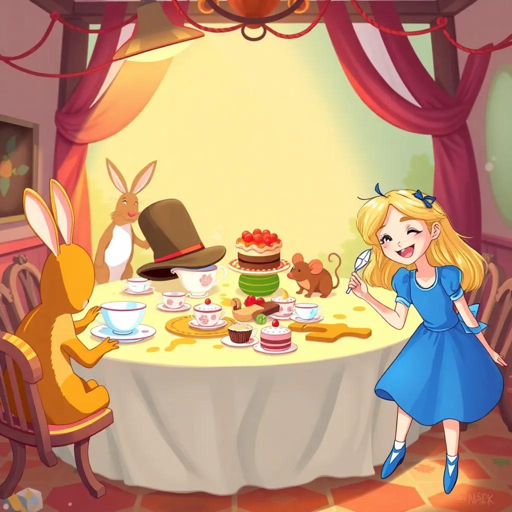A mad tea party with a large table, a hat, a hare, and a dormouse, making a mess with tea and cake, and Alice, a young girl with blonde hair and a blue dress, laughing and enjoying her time, colorful and whimsical, cheerful setting, illustration