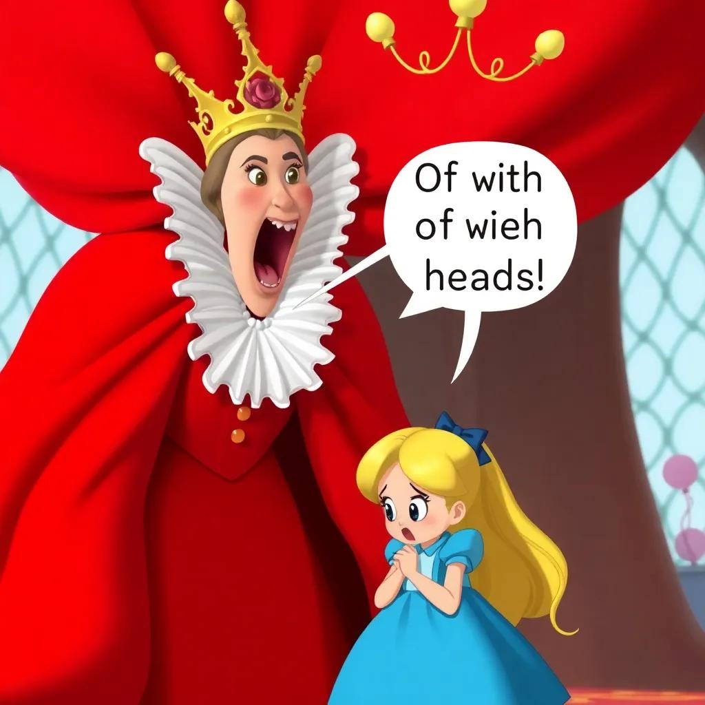 A queen with a big red dress and a rose crown, shouting 'Off with their heads!' as Alice, a little girl with blonde hair in a blue dress, looks shocked, colorful and whimsical scene, art style, high quality