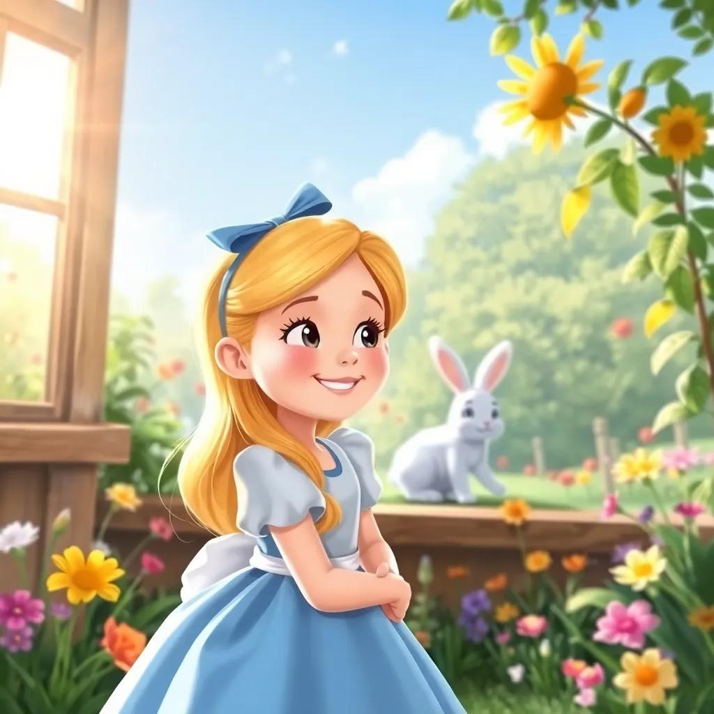 Alice smiling as she wakes up from her dream, looking out into her garden where a white rabbit is hopping away, bright sunlight and colorful flowers, cheerful atmosphere, child-friendly illustration, soft
