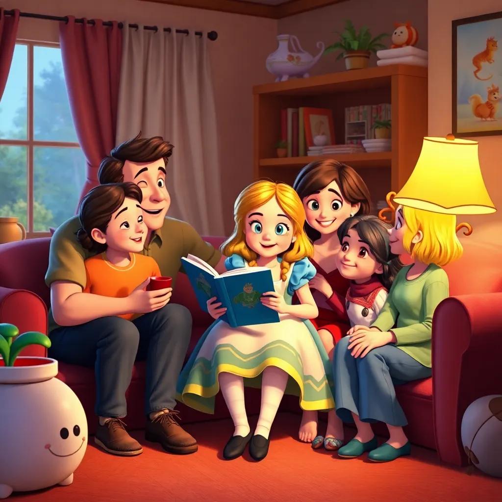 A happy family gathered around Alice, listening to her stories about Wonderland, warm loving atmosphere in their cozy home with bright colors, joyful expressions, digital art, heartwarming