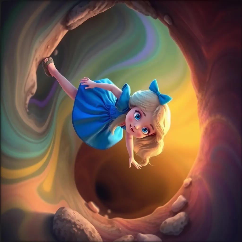Alice, a curious girl with blonde hair and a blue dress, falling down a rabbit hole, surrounded by swirling colors, soft light, fantastical, dreamy scene, magical style